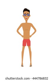 Male character in shorts and sunglasses vector flat design illustration. Smiling man ready for summer vacation ant beach entertainments standing isolated on white background.