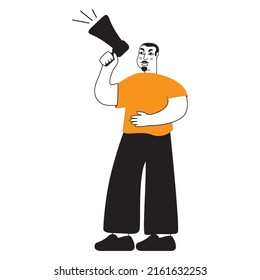 Male character shouting in loudspeaker. Man holding megaphone.Doodle man.Guy agitator calling for demonstration. Promotion concept.Isolated on white background.