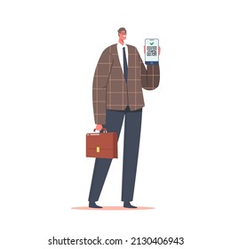 Carácter masculino muestra el código Qr, joven empresario con maletín y documento de vacunación Covid-19 en pantalla telefónica. Paso Sanitario Digital Aislado en Fondo Blanco. Ilustración de vectores de personas de caricatura