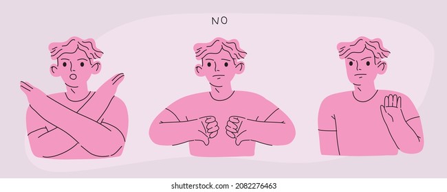 Male character showing negative gestures set. Sign language, emotions expression. Hand drawn vector flat cartoon style illustration.