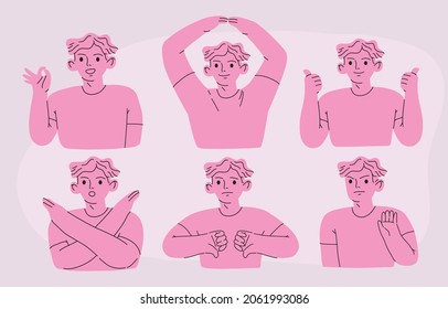 Male character showing negative and positive gestures set. Sign language, emotions expression. Hand drawn vector flat cartoon style illustration.