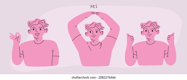 Male character showing positive gestures set. Sign language, emotions expression. Hand drawn vector flat cartoon style illustration.