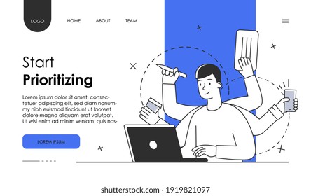 El personaje masculino muestra varias tareas. Ma está sentada y haciendo varias tareas a la vez. Concepto de multitarea en el trabajo. Sitio web, página web, plantilla de página de inicio. Ilustración vectorial de dibujos animados planos