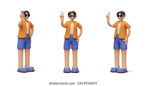 Male character shows victory gesture. Tourist in sunglasses coolly rests. User is satisfied with service. Realistic colored figures for dynamic design