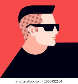 Male character, side view. Young punk, wearing t-shirt, sunglasses and earrings. Vector illustration