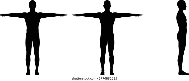 Male character silhouette reference with front side standing pose views