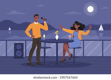 Male character singing for his girlfriend on romantic date. Woman watching performance and drinking wine. Concept of creative evening with full moon on the background. Flat carton vector illustration