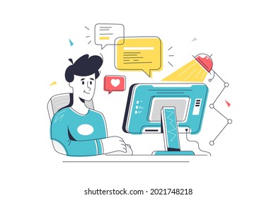 Male character sit at computer device. Vector reply to message, chat on website linear art style. Office, communication, freelance concept