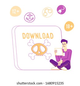 Male Character Sit at Huge Tablet Pc with Skull and Bones on Screen. Internet Crimes and Pirate Information Stealing. User Download Censored Online Content, Right Violation. Linear Vector Illustration