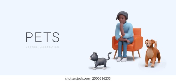 Male character sits in chair and looks at his pets. Man, cat and dog at home