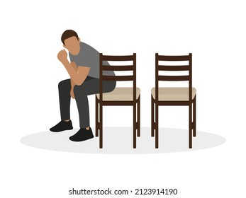 A Male Character Sits On One Of Two Chairs On A White Background