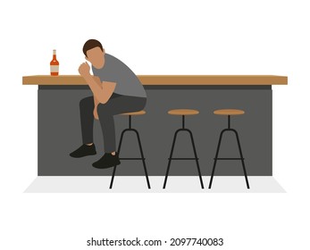 Male character sitting at a bar table with a bottle of alcohol on a white background