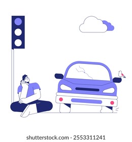 Personagem Masculino Sentado Ao Lado De Carro Perto De Semáforo Em Ilustração De Vetor Plano Simbolizando Relaxamento E Cenário Urbano, Isolado Em Fundo Branco