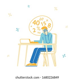 Male Character Sitting at Desk with Calculator with Digits in Head Counting Income, Burden Tax, Profit or Loan. Financial Problems, Budget Crisis, Man Take Credit in Bank. Linear Vector Illustration