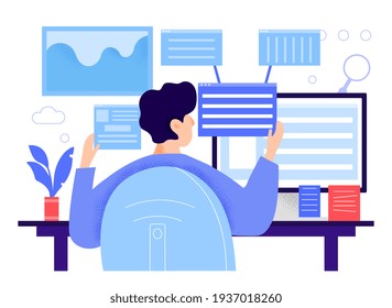 Male character sitting at desk and looking at backlinks. Man is checking web resource links from other website. Man is sitting in front of computer with media files. Flat cartoon vector illustration