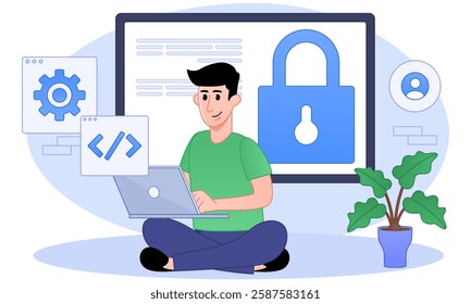 Male Character Sitting at Huge Laptop with Padlock on Screen Working on Pc with Weak Password for Profile and Account in Internet. Personal Data Protection Concept. Cartoon People Vector Illustration.