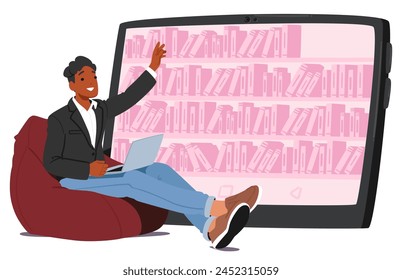 Male Character Sitting at Huge Table Pc Screen Using Online Library Services For Convenient Access To A Vast Collection Of Digital Books, Articles And Resources, Enabling Learning and Research, Vector