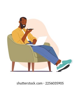 Carácter masculino sentado en una butaca con Smartphone y portátil aislado en fondo blanco. Hombre Relájese, trabaje en la oficina o haga su pedido en línea. Ilustración de vectores de personas de caricatura