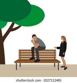 A male character is sitting on the back of a bench and a female character is standing next to a bench outdoors