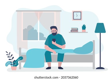 Male character sitting on bed with phone. Man woke up and immediately checks social networks. Bedroom interior design. Guy after waking up with smartphone. New day, morning. Flat vector illustration