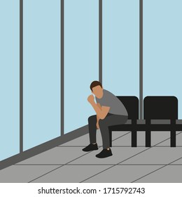 Male character sitting on a chair in a room with panoramic windows