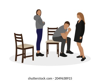 A male character is sitting on a chair and two female characters are standing next to him on a white background