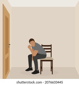 Male character sitting on a chair in a room in front of a closed door