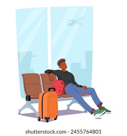 Male Character Sitting On A Chair At The Airport, Surrounded By Luggage, Man Sleeping and And Seem To Be Enjoying The Leisurely Recreation before the Boarding. Cartoon People Vector Illustration