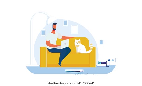 Male Character Sitting on Couch with Cute Cat and Working with Laptop in Living Room Flat Cartoon Vector Illustration. Robot Vacuuming Dust on Floor. Artificial Intellect Helping Man.