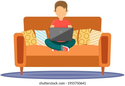 Male character sitting on couch in room in yoga pose with computer. Student or freelancer at home