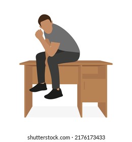 Male character sitting on a desk on a white background
