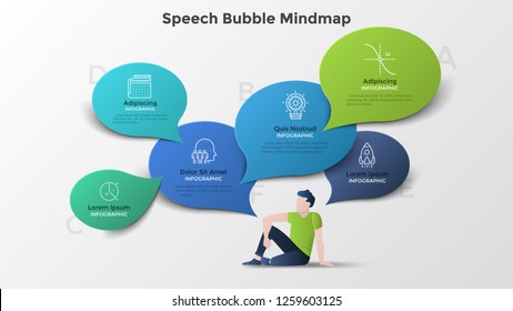 Male Character Sitting On Floor And Surrounded By Colorful Paper Speech Bubbles. Modern Infographic Mind Map Template. Creative Vector Illustration For Business Presentation, Brochure, Banner.