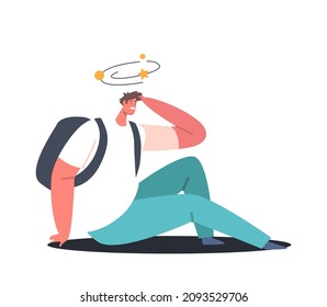 Male Character Sitting on Ground with Dizzy Head Isolated on White Background. Young Man Student or Tourist Wear Backpack Got to Accident on Road or Health Problems. Cartoon People Vector Illustration