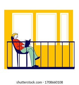 Male Character Sitting on House Balcony Reading Interesting Book during Covid19 Pandemic Quarantine Self Isolation. Virus Spreading Prevention, Global Outbreak, Epidemic. Linear Vector Illustration