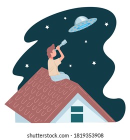 Male character sitting on rooftop looking at stars using tube or mobile telescope. Man with binoculars watching unidentified flying object, space shuttle or ship at night. Vector in flat style