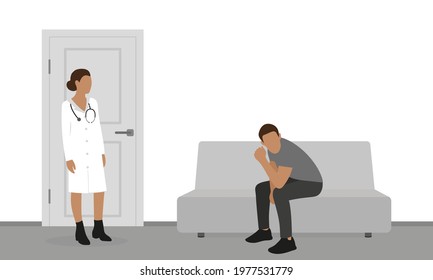 The male character is sitting on the sofa near the door, and the female doctor is standing and looking at him