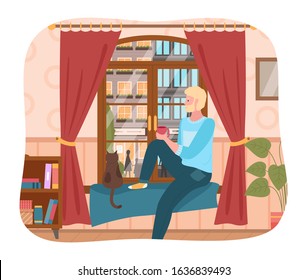 Male character sitting on windowsill looking outside window and drinking cup of coffee or tea. Man with cat pet at home. Cityscape view from inside flat. Personage on weekends in apartment, vector