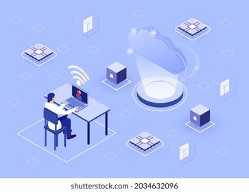 Male character is sitting and saving documents in digital storage on laptop. Concept of cloud backup service in modern enviroment. Data transfering application. Isometric cartoon vector illustration