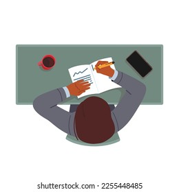 Male Character Sitting at Workplace in Office Writing in Diary, Making Notes Top View Isolated on White Background. Business Person Sit at Table with Coffee. Cartoon People Vector Illustration