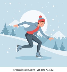 Male character skating on ice on winter landscape background. Winter sport, outdoor sport activity. Flat illustration