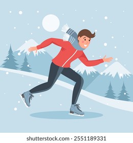 Personagem masculino patinando no gelo no fundo da paisagem de inverno. Esporte de inverno, atividade esportiva ao ar livre. Ilustração plana