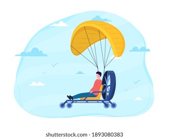 Male character is skydiving with paramotor. Concept of parachuting sport and leisure activity. Extreme lifestyle. Flat cartoon vector illustration