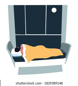 Male character sleeping in bed at night, bedroom of man with wide window and furniture. Man fell asleep, resting personage at home. Cozy apartment, relaxing guy and moonlight, vector in flat