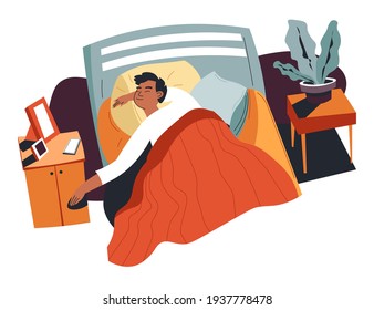 Male character sleeping in bed, resting teenager with smile on face. Young personage in bedroom relaxing, asleep on pillow. Comfortable furniture for napping, bedtime at night. Vector in flat style