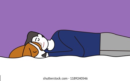 Male character sleeping with a puppy well