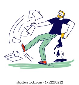 Male Character Slipping on Wet Floor Pouring Coffee and Scatter Documents around. Man Falling on Puddle, Person Safety, Dangerous Trauma, Danger Accident, Slip and Stumble. Linear Vector Illustration