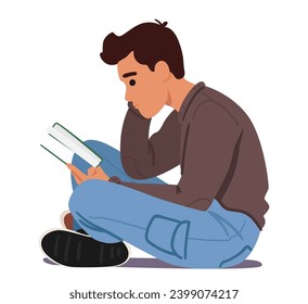 Espuma De Carácter Masculino, Caza, Cruce De Piernas, Mostrando Una Postura Corporal Inapropiada Para Leer La Tensión De La Espina. Hombre sentado en el suelo con libro en mano en mal pie. Ilustración de vectores de personas de caricatura