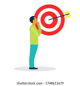 Male character with sm symbols. representative of 
successful business social media marketing compaign. Man 
looks thoughtfully at target. Cute vector illustration in flat style. 