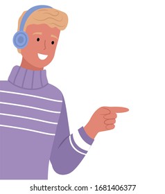 Male character with smile on face wearing winter clothes. Man in sweater and earmuffs on ears, pointing aside. People outdoors in winter season. Cold weather and warm clothing. Vector in flat