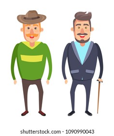 Male character smiling man in hat with red mustaches and beard men in suit with stick vector illustration of aged seniors cartoon style isolated on white